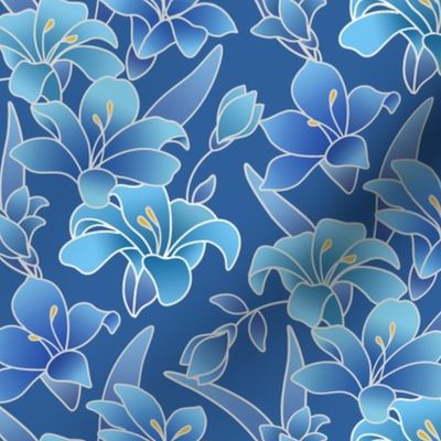 Silk painted Lilies in Blues and Aquas