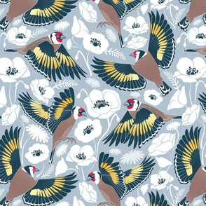 Small scale // Goldfinches flying over white poppies // blue grey background