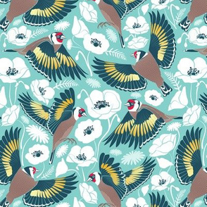 Small scale // Goldfinches flying over white poppies //  aqua background navy and yellow birds