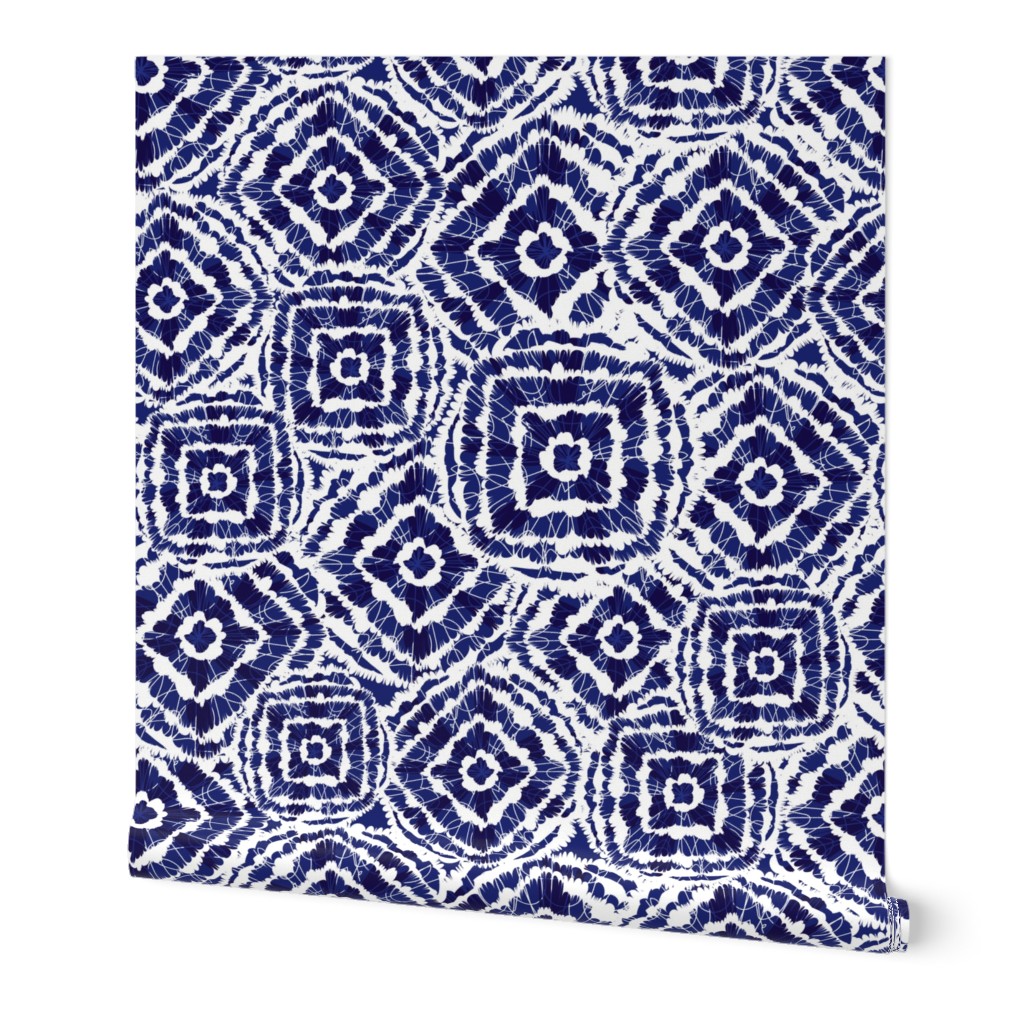 Blue Shibori diamond squares overlap pattern