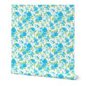 Turquoise Floral Large Flowers/White