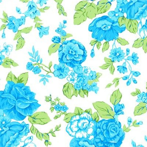 Turquoise Floral Large Flowers/White