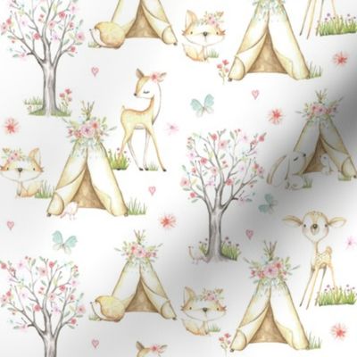 WhisperWood Nursery (white) – Teepee Deer Fox Bunny Trees Flowers - SMALLER scale