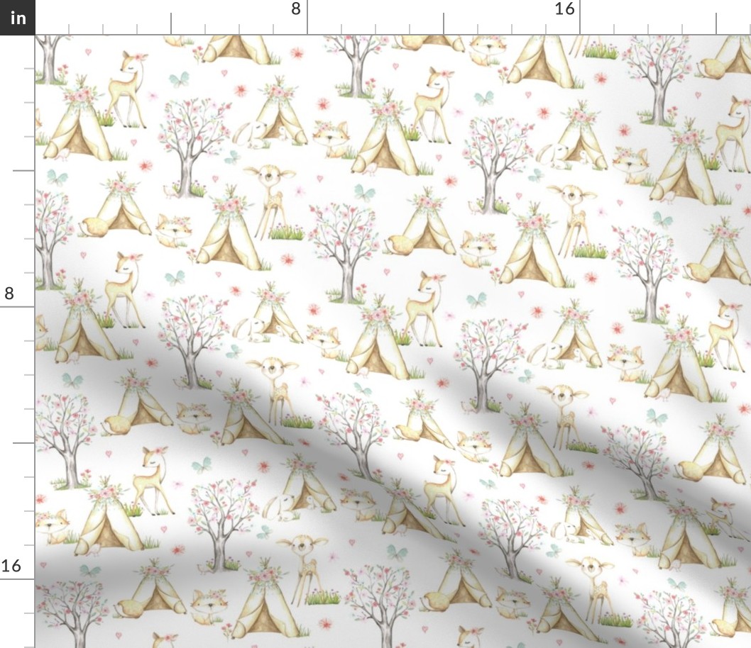 WhisperWood Nursery (white) – Teepee Deer Fox Bunny Trees Flowers - SMALLER scale