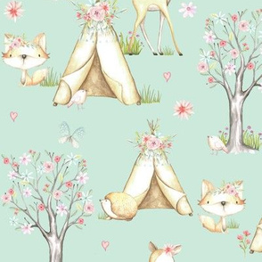 Whisperwood Nursery (soft seafoam) – Teepee Deer Fox Bunny Trees Flowers- MEDIUM scale