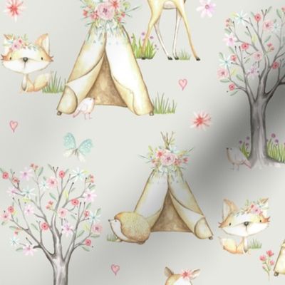 WhisperWood Nursery (eggshell) – Teepee Deer Fox Bunny Trees Flowers - MEDIUM  scale