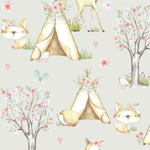 WhisperWood Nursery (eggshell) – Teepee Deer Fox Bunny Trees Flowers - MEDIUM  scale