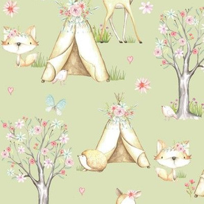 WhisperWood Nursery (pear) – Teepee Deer Fox Bunny Trees Flowers - MEDIUM  scale