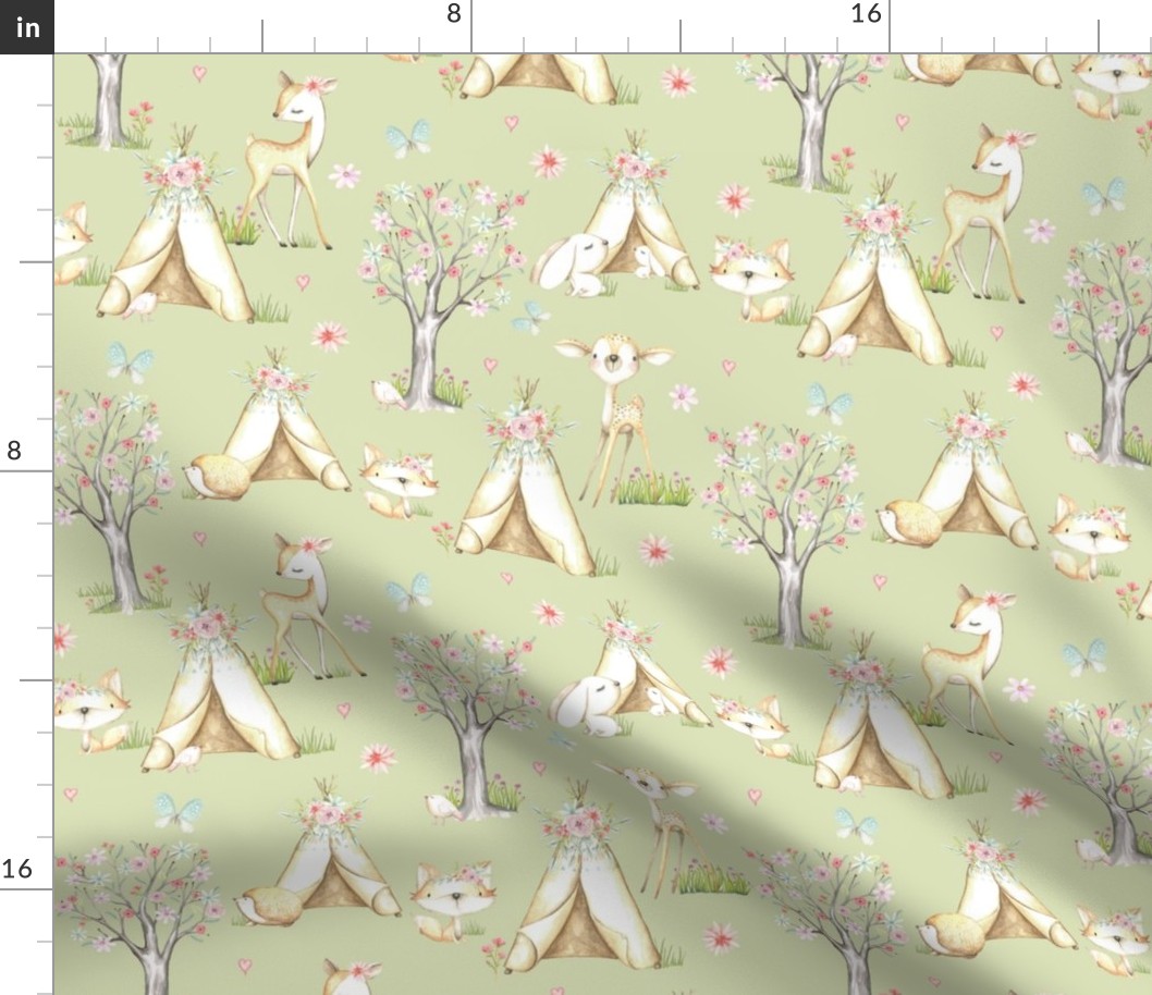 WhisperWood Nursery (pear) – Teepee Deer Fox Bunny Trees Flowers - MEDIUM  scale