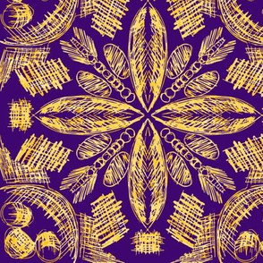 Yellow tribal motifs on purple background