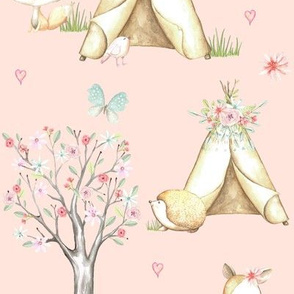 WhisperWood Nursery (baby pink) – Teepee Deer Fox Bunny Trees Flowers - LARGER scale
