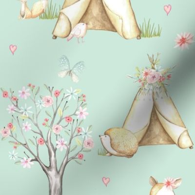 WhisperWood Nursery (soft seafoam) – Teepee Deer Fox Bunny Trees Flowers - LARGER scale