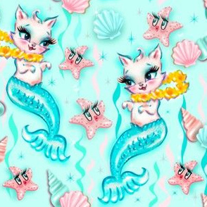 MEDIUM - Tropical Mermaid Cats with Leis and Starfish