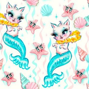 MEDIUM - Tropical Mermaid Cats with Leis and Starfish Light