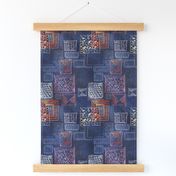 squares of shibori patchwork boro stiches in denim indigo blue