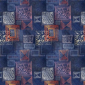 squares of shibori patchwork boro stiches in denim indigo blue