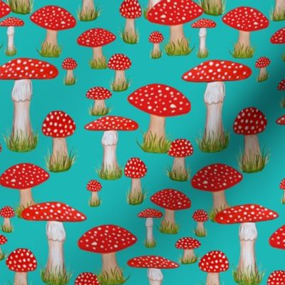 red mushrooms on teal