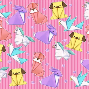 Origami Animals on Bright Pink Stripes