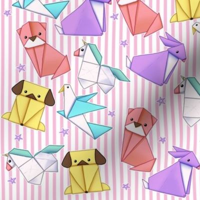 Origami Animals on Pink Pinstripe