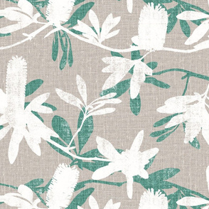 White Banksia on Mint green leaves   Natural linen