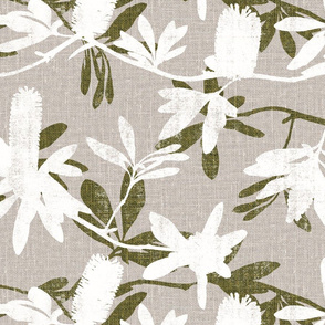 White Banksia on Olive green leaves   Natural linen