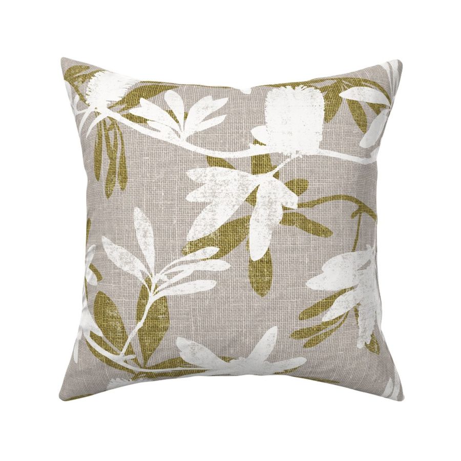 White Banksia on Chartreuse leaves Fabric | Spoonflower