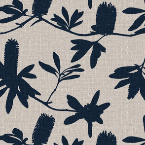 Navy blue Banksia on Natural linen