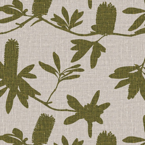 Olive Green Banksia on Natural linen