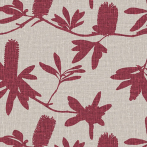 Raspberry Banksia on Natural linen