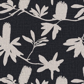 Natural banksia on charcoal coloured linen