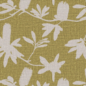 Natural banksia on chartreuse coloured linen