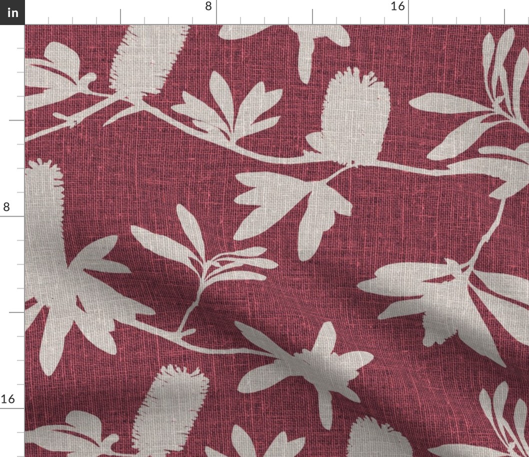 Natural banksia on raspberry coloured linen