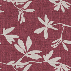 Raspberry Natural leaves on coloured linen