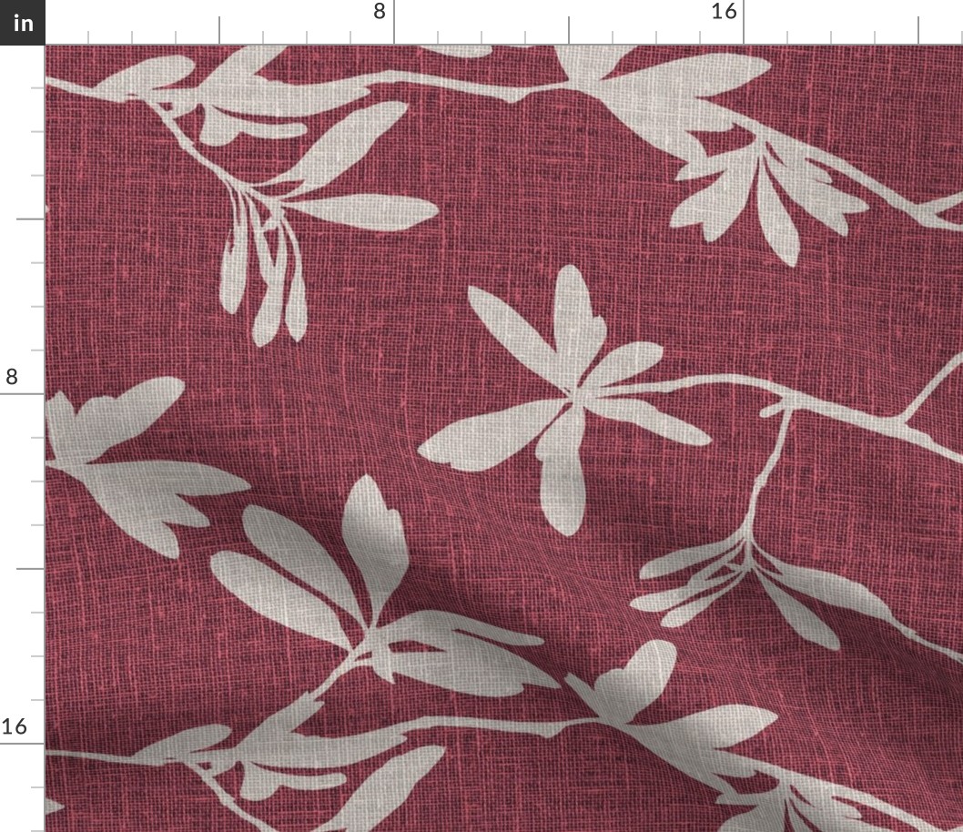 Raspberry Natural leaves on coloured linen