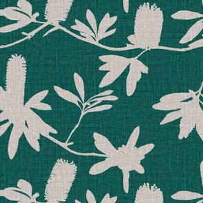 Natural banksia on emerald green printed linen texture