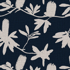 Natural banksia on navy blue coloured linen