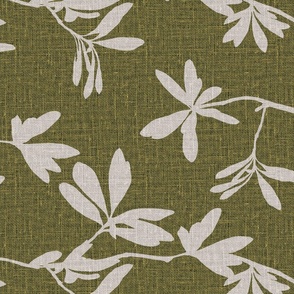 Banksia leaves on olive green color linen look