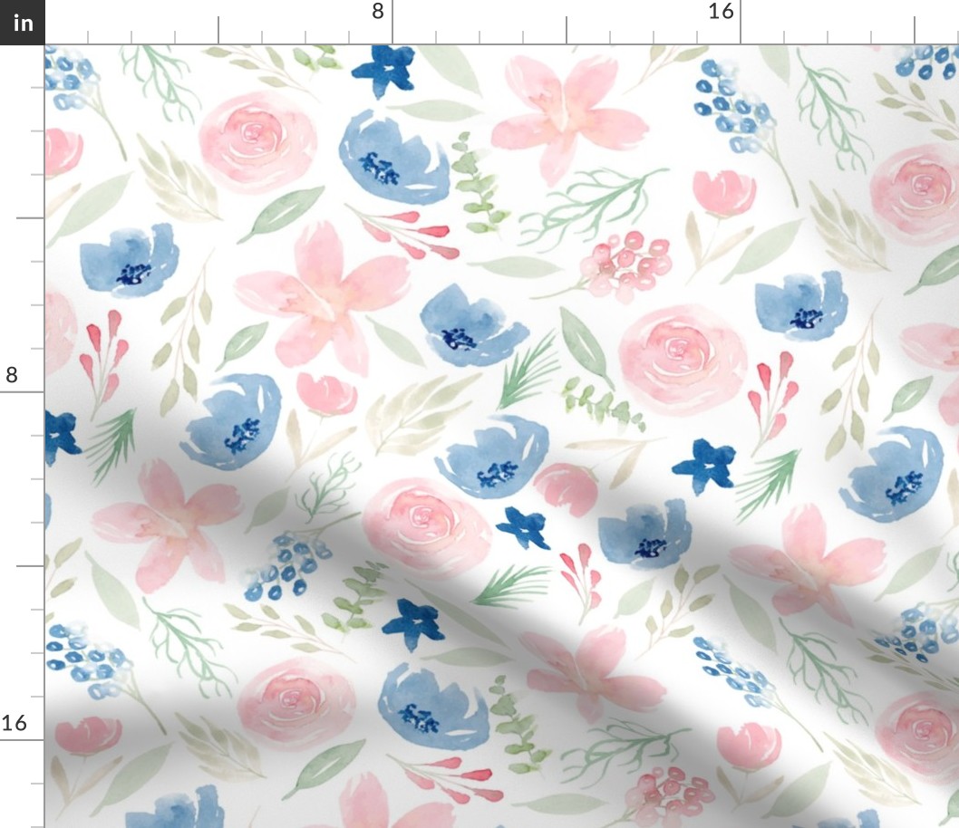 Blush Pink And Dusty Blue Floral Fabric | Spoonflower