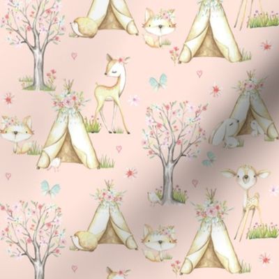 WhisperWood Nursery (baby pink) – Teepee Deer Fox Bunny Trees Flowers - SMALLER scale