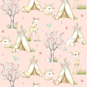 WhisperWood Nursery (baby pink) – Teepee Deer Fox Bunny Trees Flowers - SMALLER scale