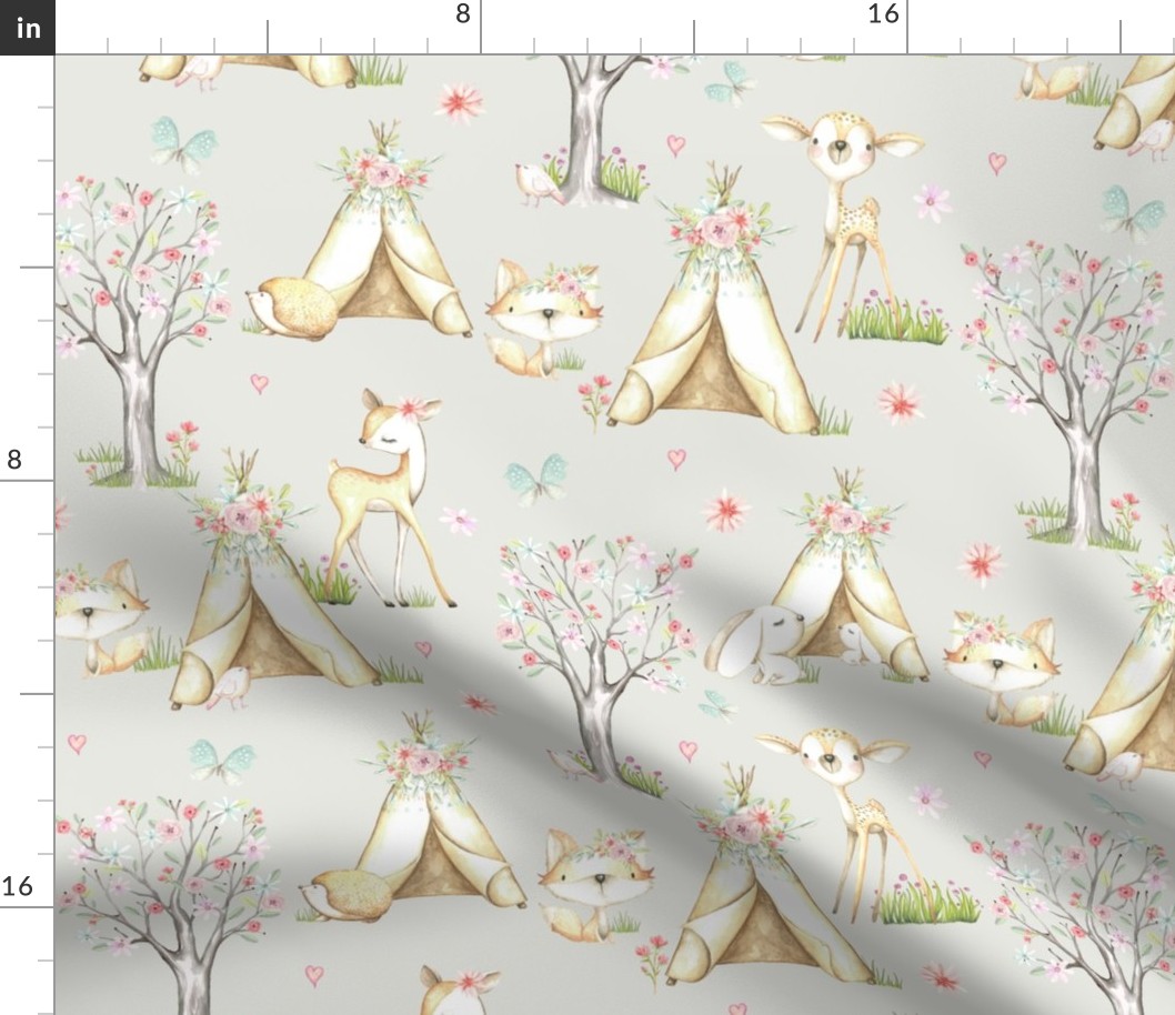 WhisperWood Nursery (eggshell) – Teepee Deer Fox Bunny Trees Flowers - LARGER scale