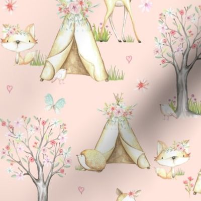 WhisperWood Nursery (baby pink) – Teepee Deer Fox Bunny Trees Flowers - MEDIUM  scale