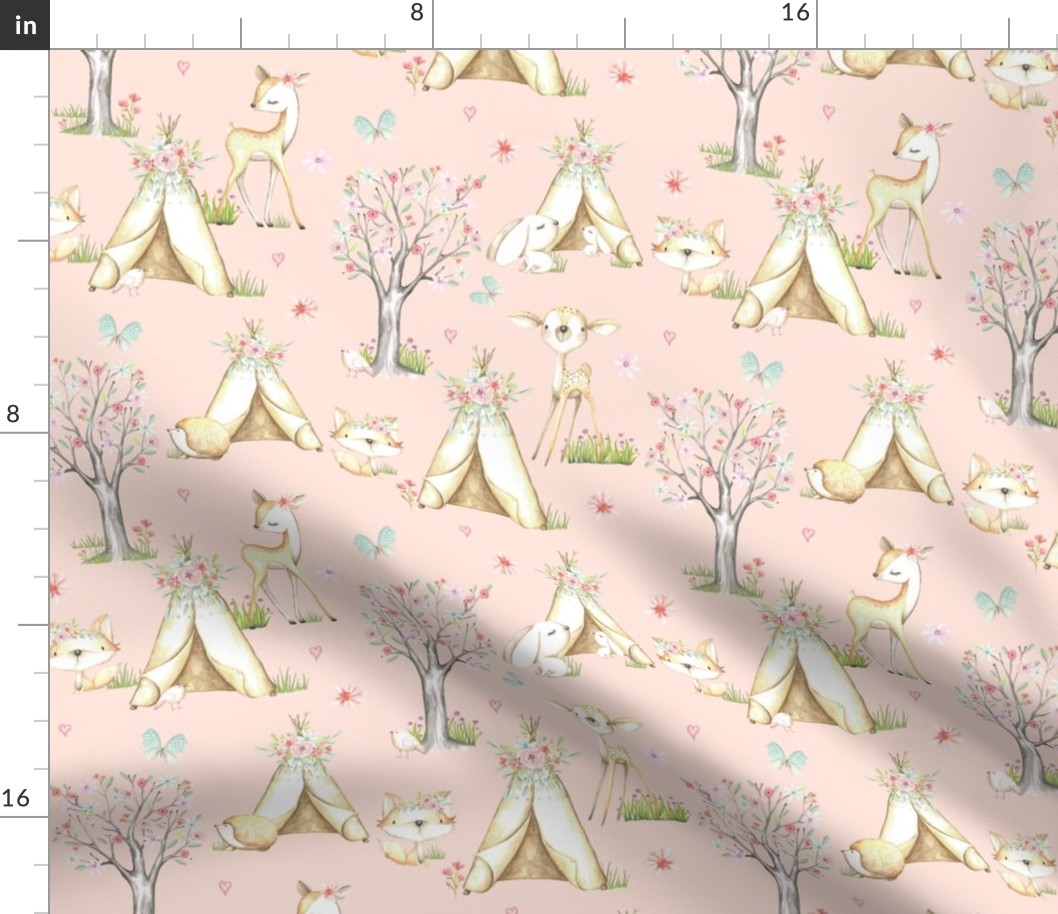 WhisperWood Nursery (baby pink) – Teepee Deer Fox Bunny Trees Flowers - MEDIUM  scale