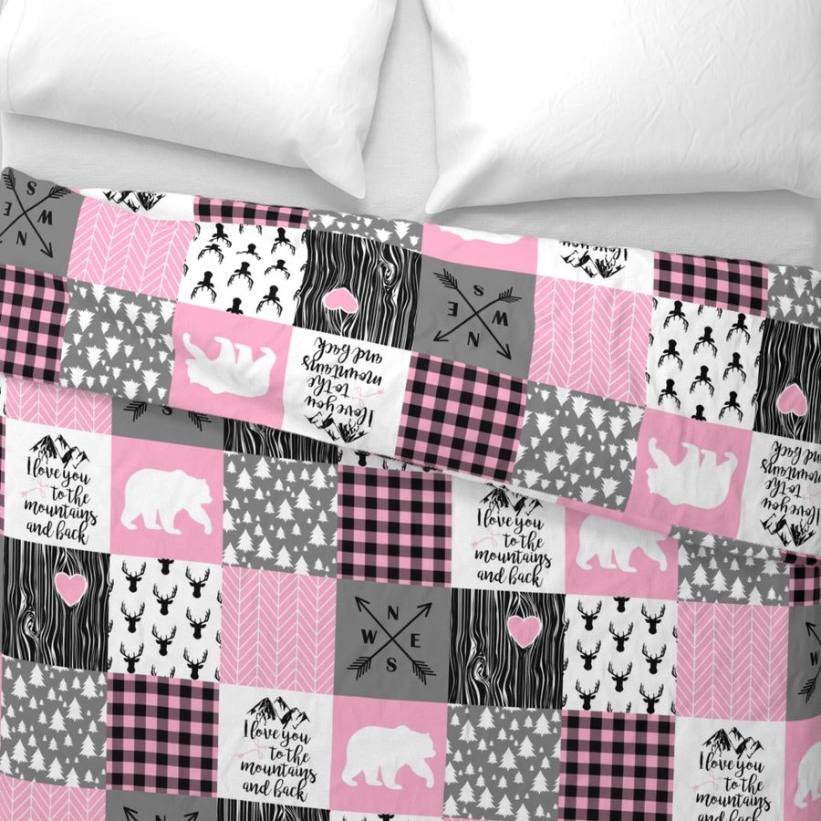 Love you to the mountains & back//Pink&DkGrey - Wholecloth Cheater Quilt