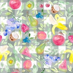 Watercolor Fruit Gingham Forest Green