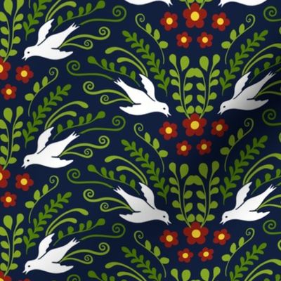 Decorative Birds and Blooms on Midnight