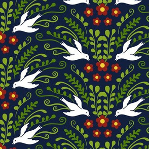 Decorative Birds and Blooms on Midnight