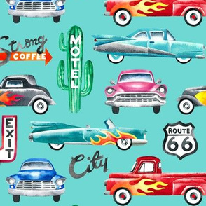 Medium Scale / Watercolor Rockabilly Cars / Light Blue (6FD8D3)