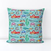 watercolor rockabilly cars - lighter blue (9AD7D5)