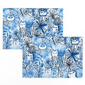 Meowbori . Blue inked watercolor shibori painted kitty cats and flowers. Berries, butterfly, leaves, summer nature.